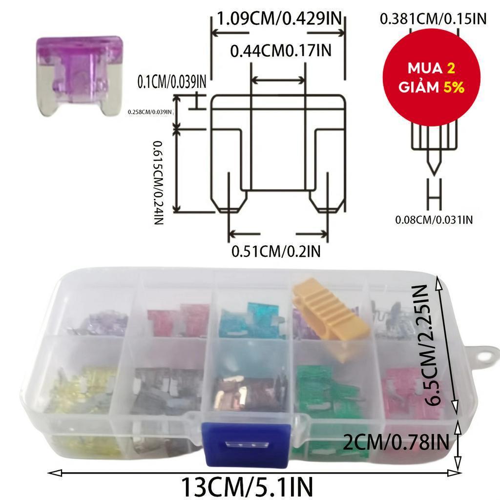 Bộ 121 chiếc fuse vi mô cho ô tô xe tải, 2A 3A 4A 5A 7.5A 10A 15A 20A 25A 30A 35A 40A, hộp nhựa phối