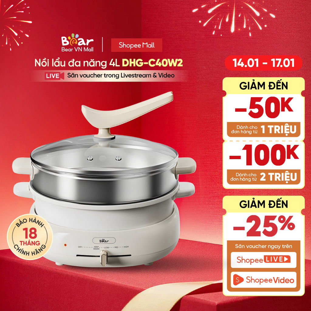 Bộ Nồi Lẩu Nướng Bear 3 khay 3in1 DHG-C40W2 - Hàng Chính Hãng