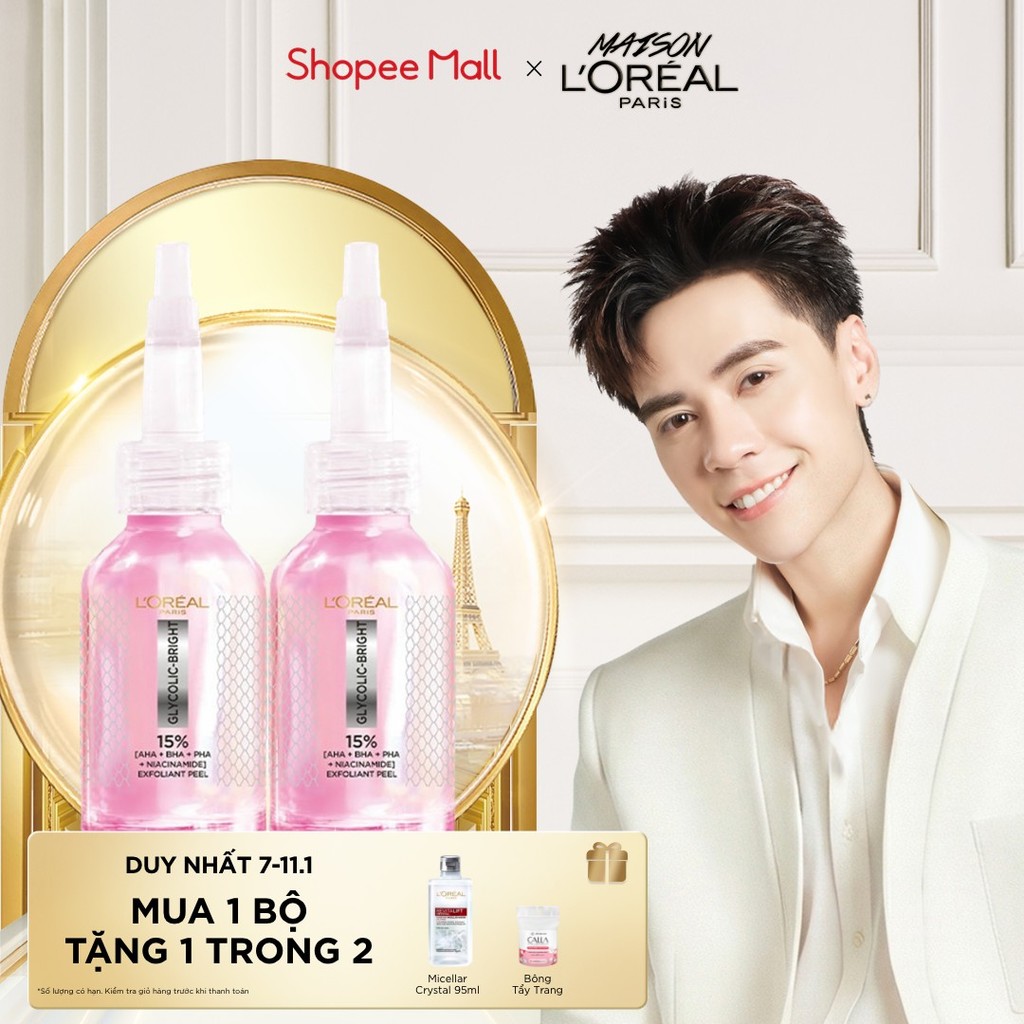 Bộ đôi dưỡng chất peel sáng da làm sạch tế bào da chết L'Oréal Paris Glycolic-Bright Anti-Dark Spot Exfoliant Peel 25ml