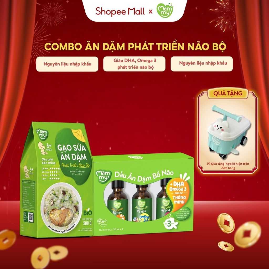 Combo Ăn Dặm Bổ Não: Set 3 dầu ăn dặm bổ não Mămmy chai 30ml, Gạo Sữa Ăn Dặm Phát Triển Não Bộ Mămmy