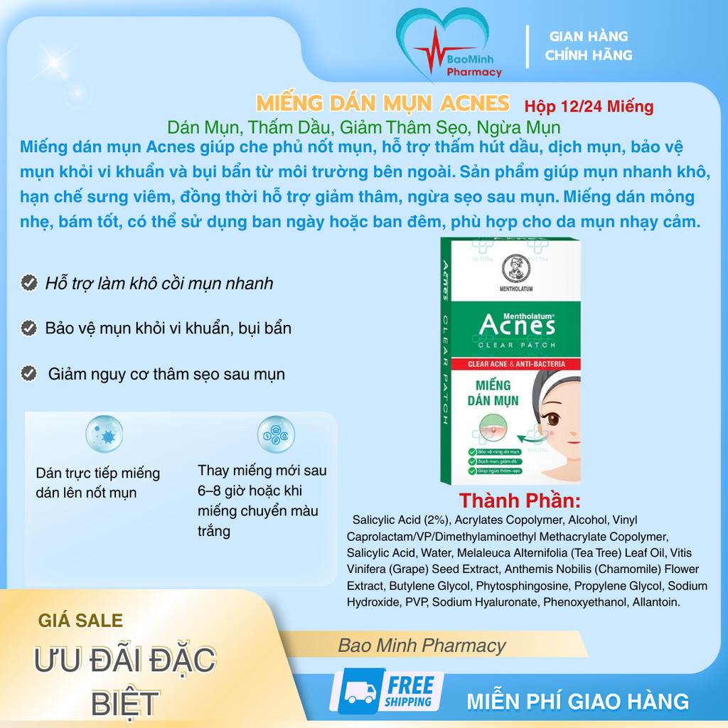 Miếng Dán Mụn Acnes – Dán Mụn, Thấm Dầu, Giảm Thâm Sẹo, Ngừa Mụn (Hộp 12/24 Miếng)