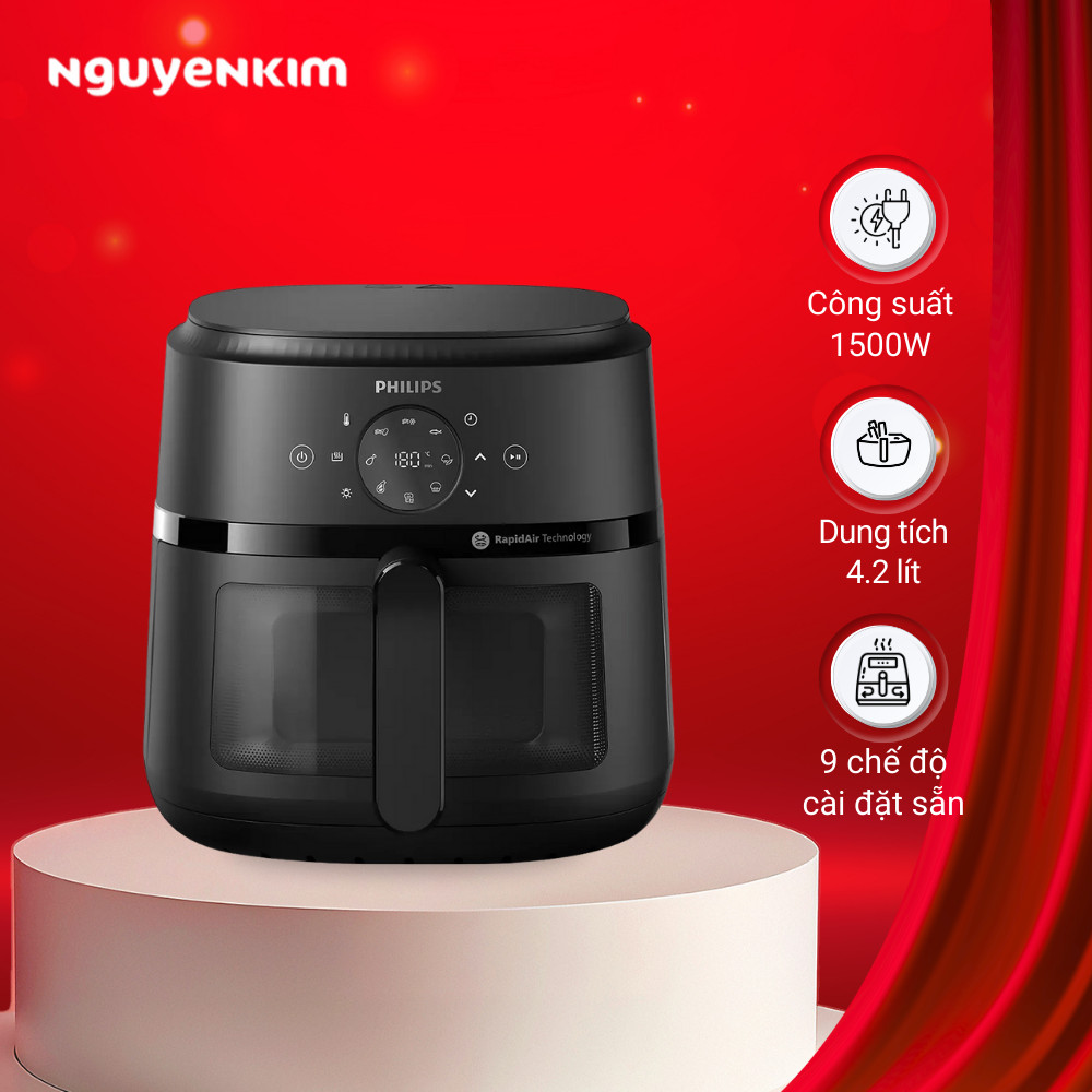 Nồi Chiên Không Dầu Philips NA220/00 4.2L - Đen, Dung Tích Lớn, Chống Dính BPA Free