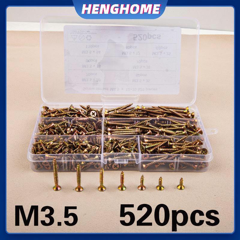 HENGHOME 520 Cái M3.5 Đầu chìm Bộ vít tự khai thác Bộ vít mạ kẽm màu cho chế biến gỗ Trang trí nhà c