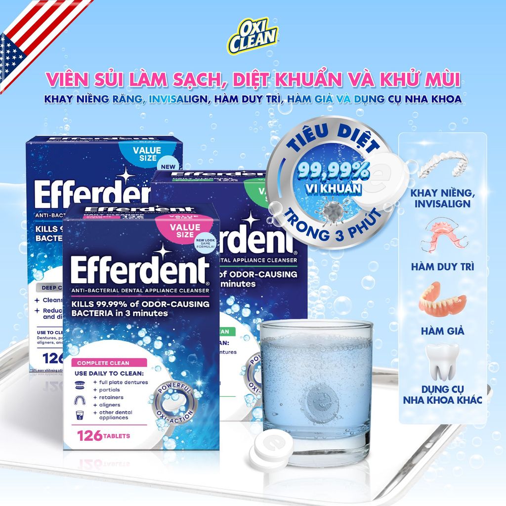Hộp viên sủi làm sạch khay niềng răng, hàm duy trì, Invisalign Efferdent Minty Fresh and Clean Dentu
