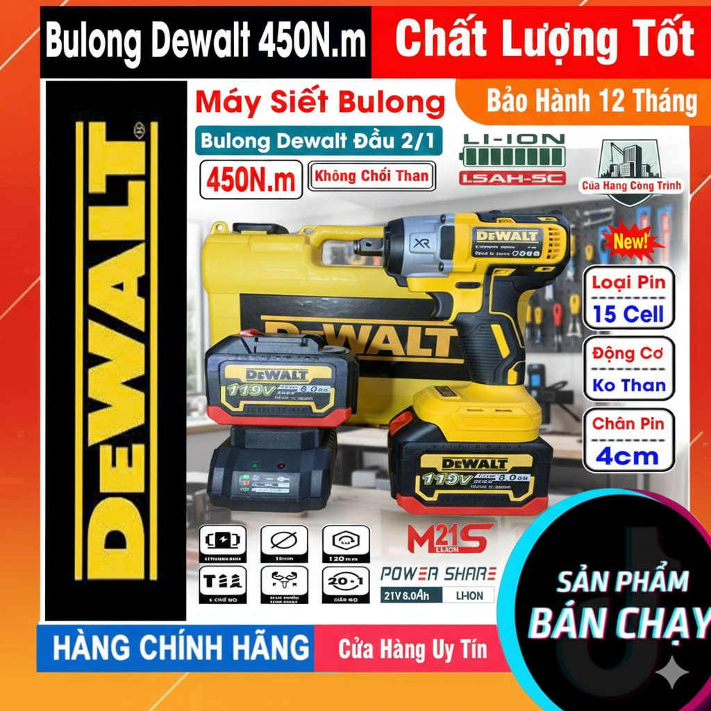 Máy siết bulong DeWalt 20V, chân pin thông dụng, máy khoan pin động cơ không chổi than 4cm , Bulong 