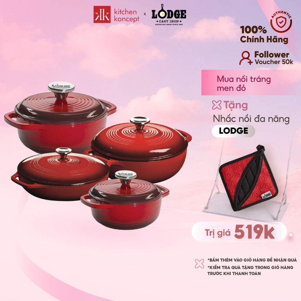 Nồi gang phủ men Lodge màu đỏ