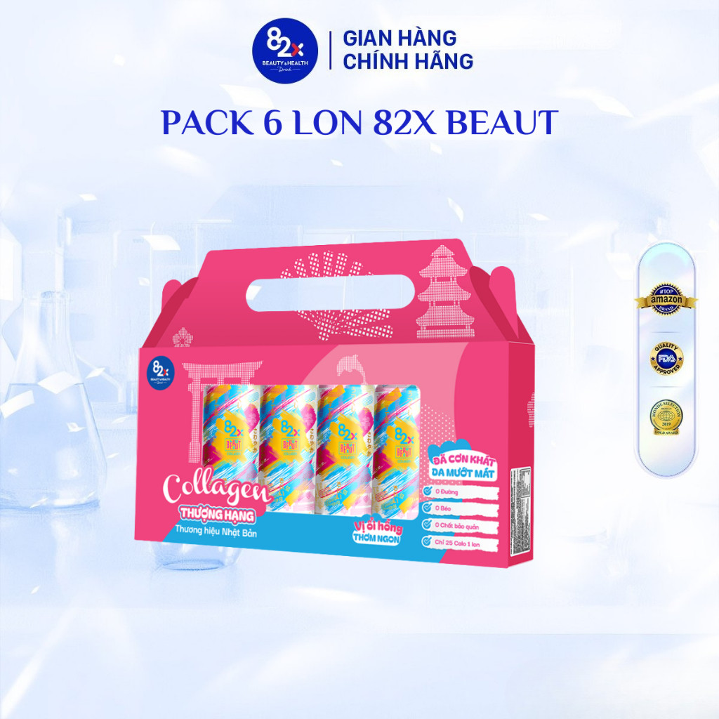 [Pack 6 lon] Set Quà Thực phẩm giải khát bổ sung Collagen 82X Beaut vị ổi hồng, bổ sung Vitamin C (245ml/Lon)