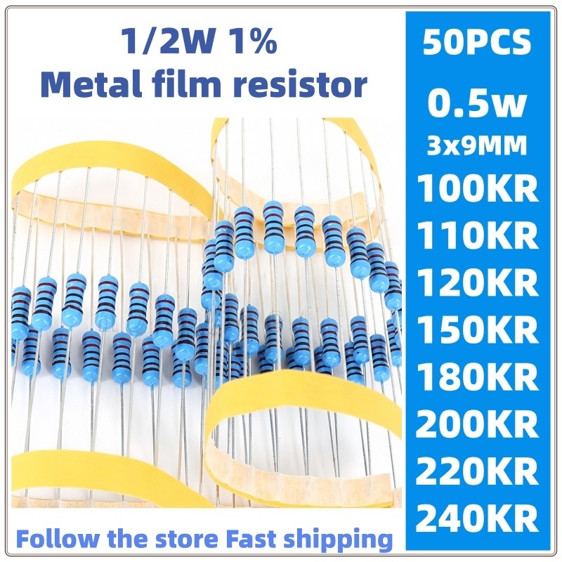 Bộ 50 1 / 2w Kim Loại Phim Điện Trở 1% 0.5W 100KR 120KR 150K 180KR 200K 220K 240KR