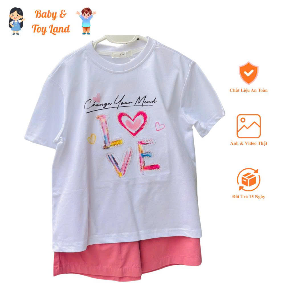 Set quần áo cotton ILove trắng hồng xinh xắn dễ thương