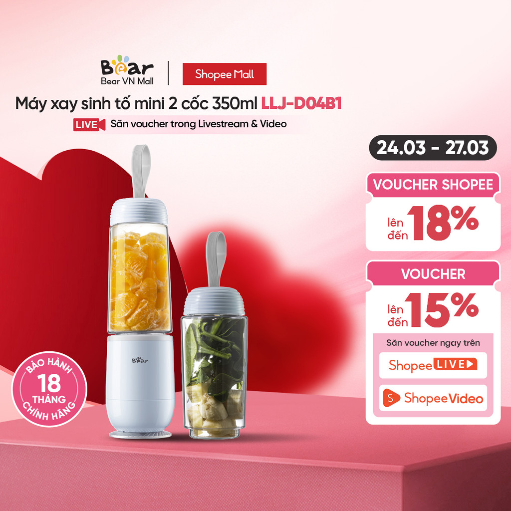 Máy Xay Sinh Tố Mini Đa Năng Bear LLJ-D04B1, 2 Bình x 350ML - Hàng Chính Hãng - Bảo Hành 18 Tháng