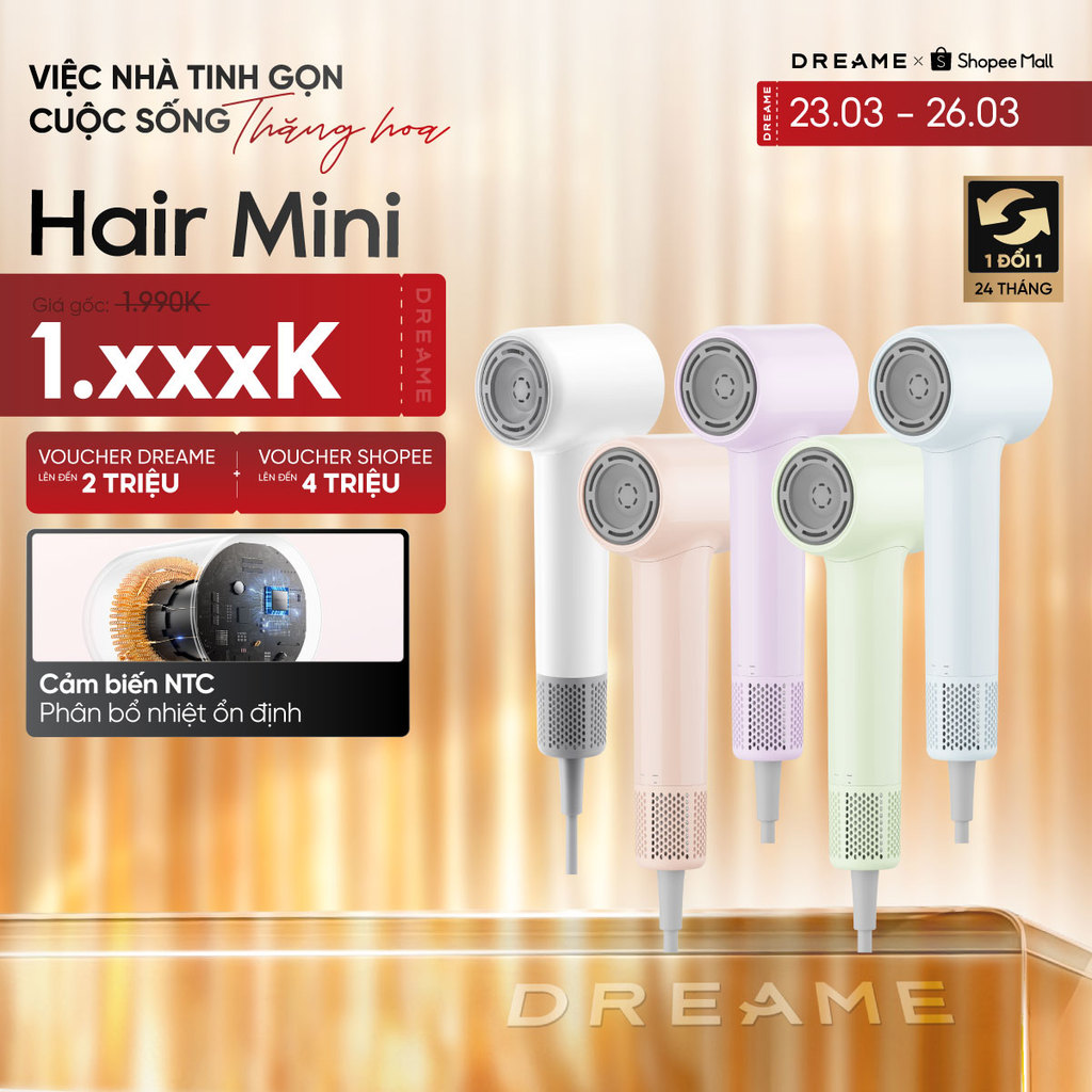 Dreame Hair Mini AHG11A Máy sấy tóc ion âm | siêu nhỏ gọn 270g | động cơ tốc độ cao | BH 24 tháng