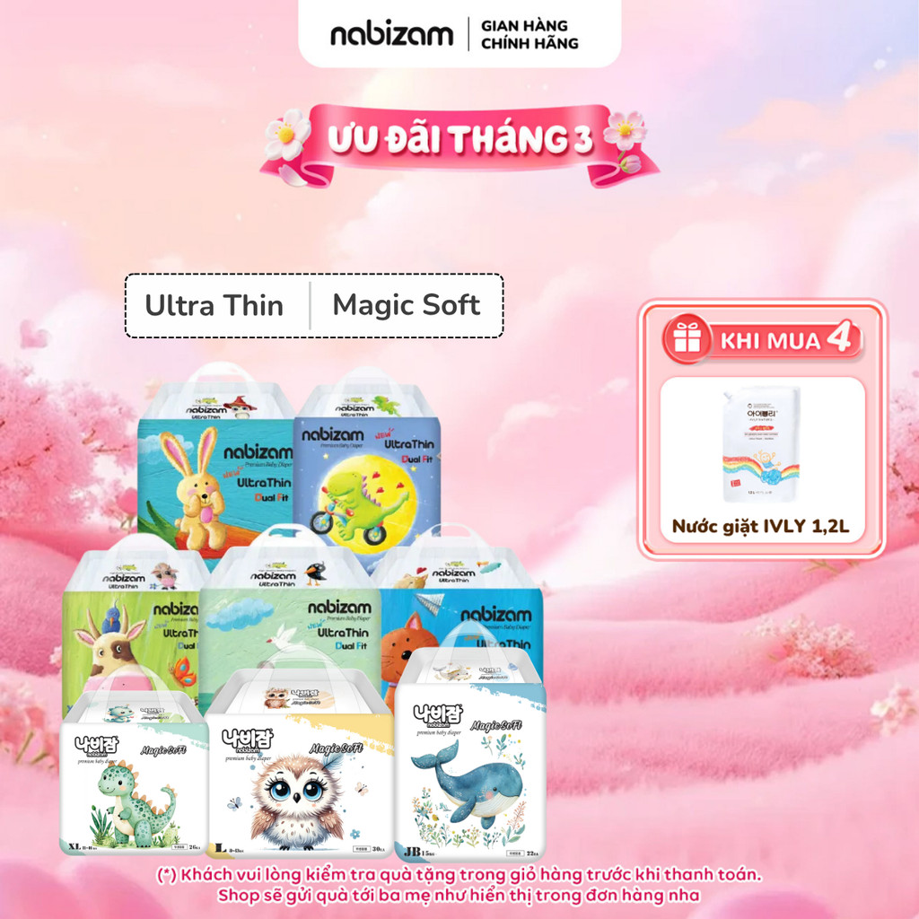 Combo 4 Bịch Tã/Bỉm Cho Bé NABIZAM Êm Mỏng Chống Hăm Đủ Size Cho Bé Từ 3kg Đến 25kg, 20-50 Miếng/Bịch