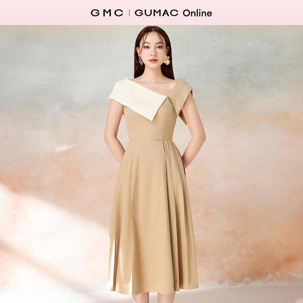 Đầm nữ xòe phối lá cổ thời trang GUMAC DE08059