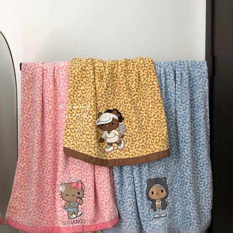 INS Cute Kitty Leopard Print Bath Towel plus-Sized Thick Water-Absorbing Quick-Drying Bath Towel Lin