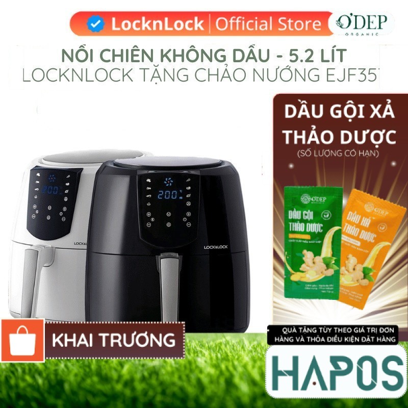 Nồi chiên không dầu điện tử 5,2L LocknLock Chính hãng, Kèm chảo nướng bánh EJF357BLK 1800W - HAPOS H