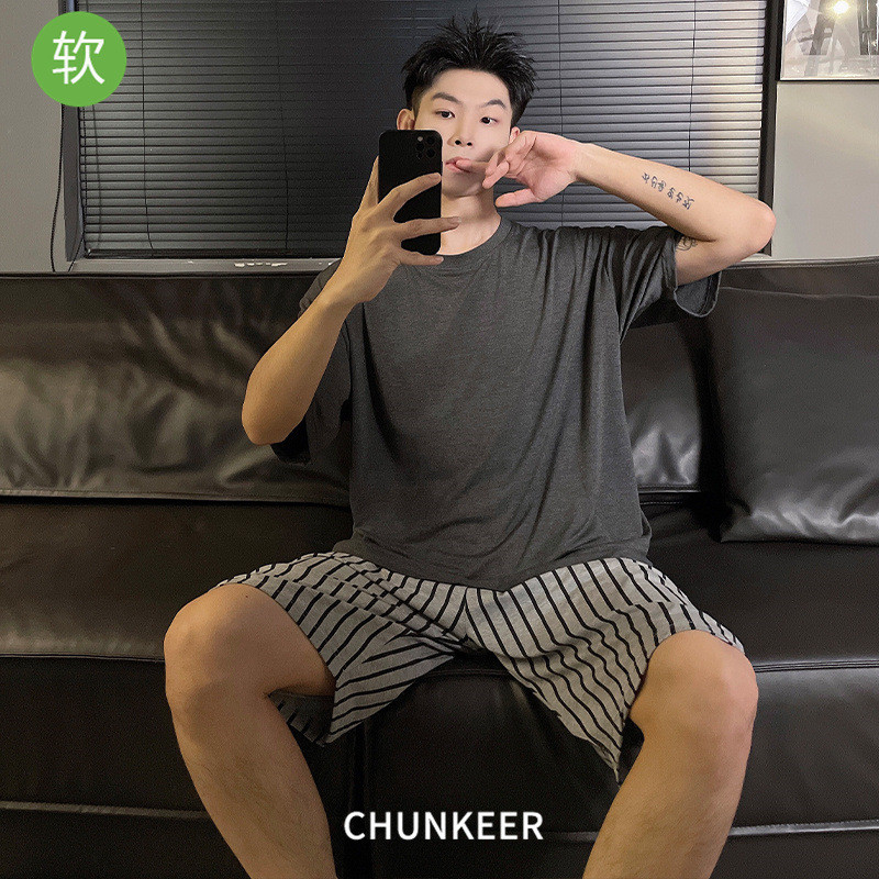 莫代尔睡衣男夏季薄款短袖简约宽松大码学生家居服夏可外穿Modal Pajamas Men's Summer Thin Short Sleeve Simple Widetevkykw1234vn2026