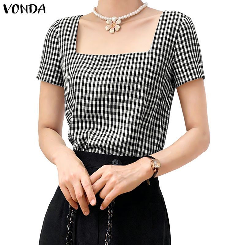 VONDA Áo cổ vuông ngắn tay kẻ sọc style vintage nữ Hàn Quốc