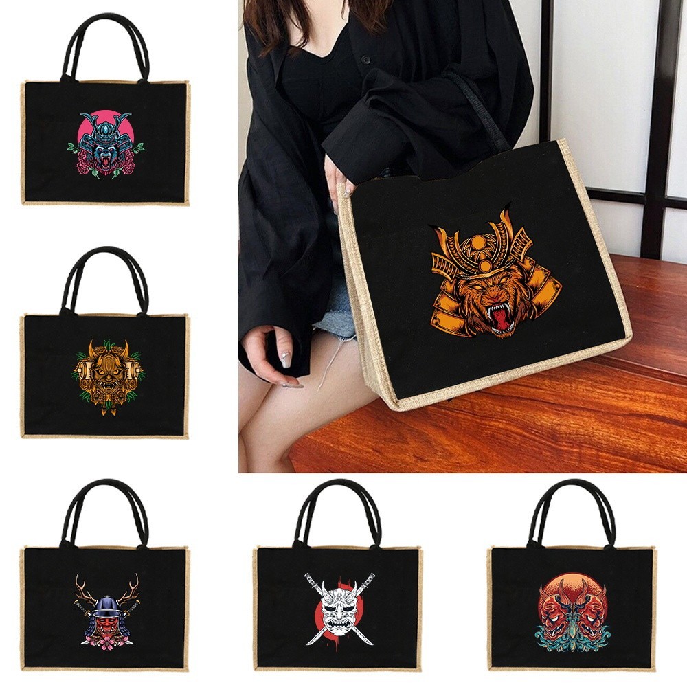 Jute bag Shoulder Bag Women Shopping Pouch Designer Laminated Bag Japanese Ghost Warrior Handbag Bur