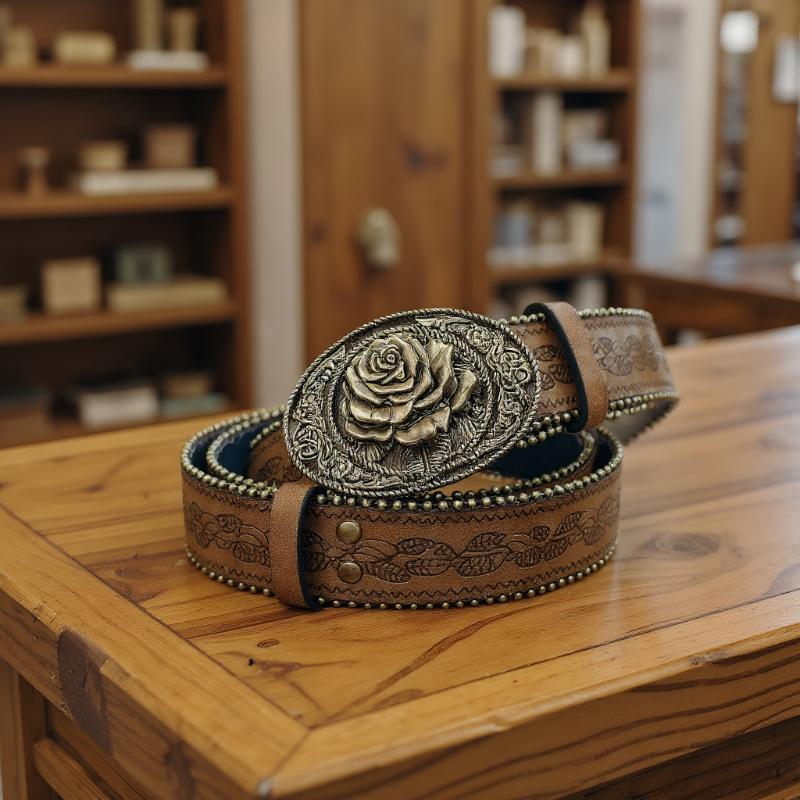 MACTEAM Vintage Khắc Khóa PU Rộng Thắt Lưng Boho Nâu Nổi Thắt Lưng Phương Tây Quần Jean Quần Thắt Lư