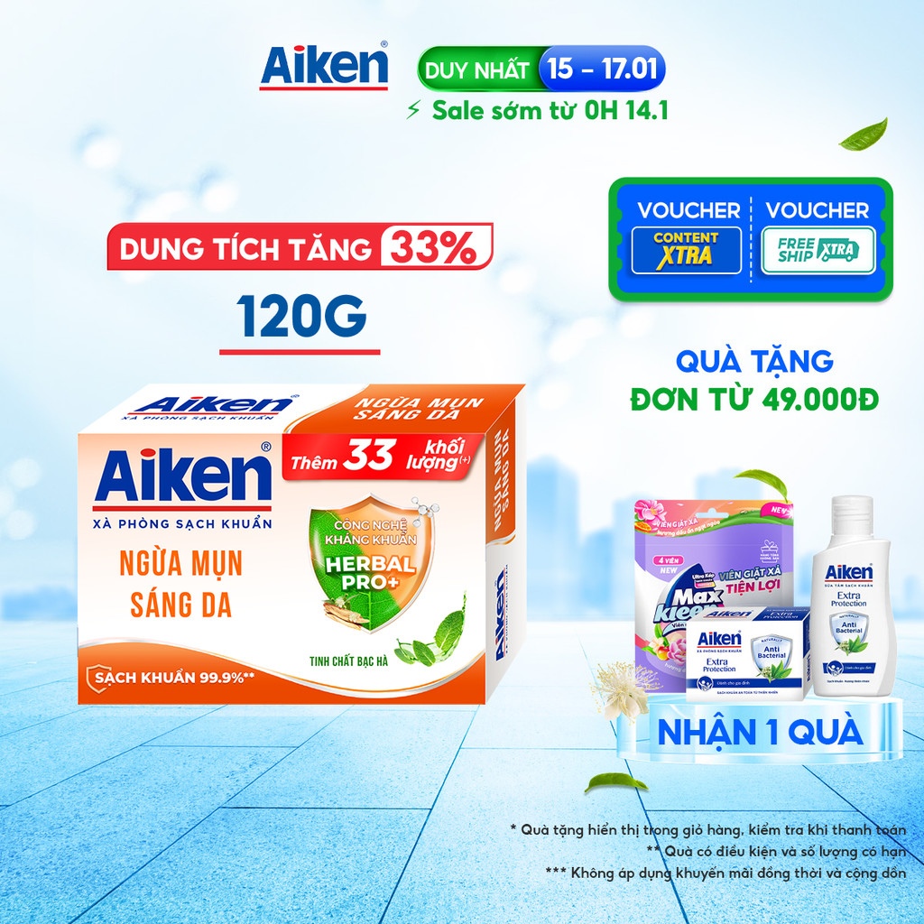 [TĂNG 33% DUNG TÍCH] Xà phòng Aiken sạch khuẩn Ngừa Mụn Sáng Da chiết xuất Bạc Hà 120g