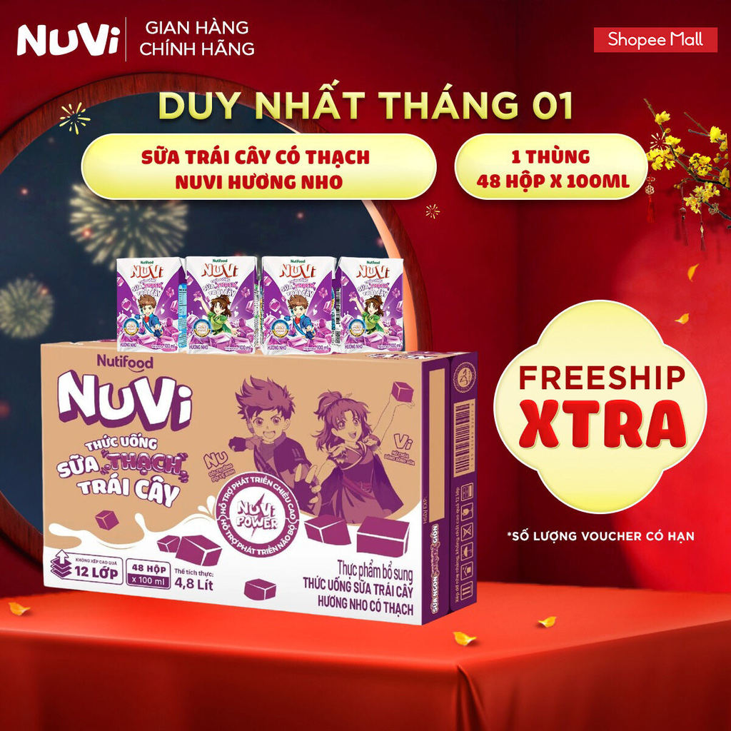 Thùng 48 Hộp Thức Uống Sữa Trái Cây Có Thạch NuVi Hương Nho 100ml