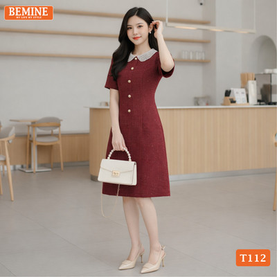 Đầm thiết kế cao cấp BEMINE cổ sen đính đá dáng chữ A-T112