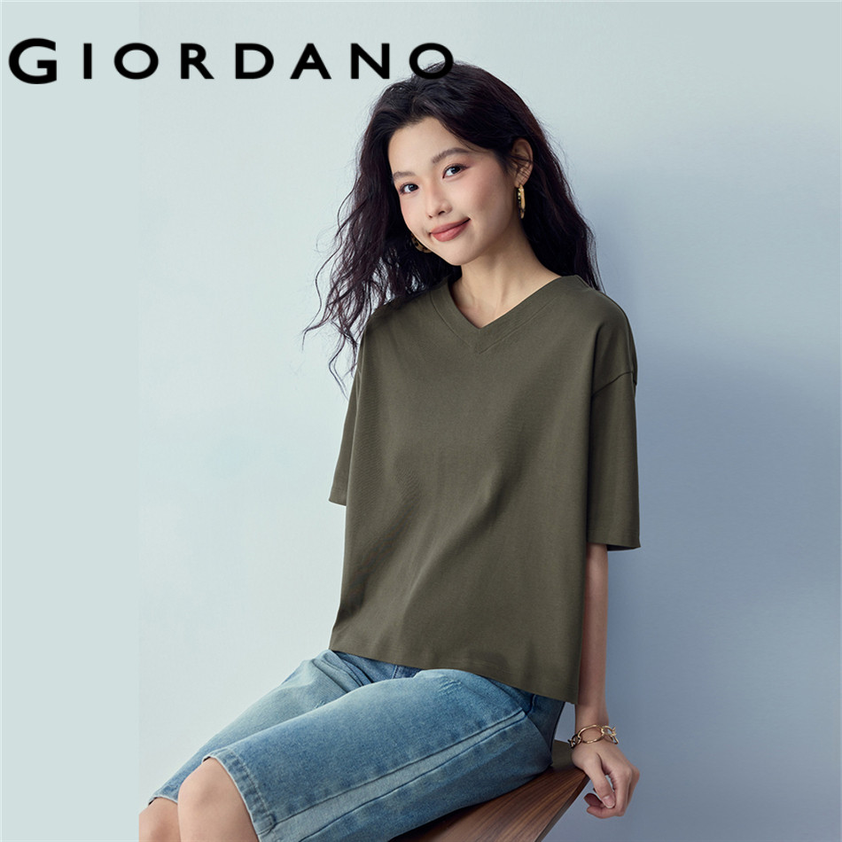 GIORDANO WOMEN Cotton v-neck elbow length sleeve tee 05326389