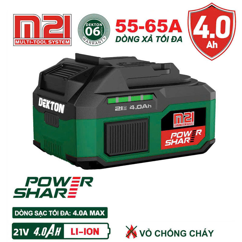 Pin Dekton dung lượng 4Ah, M21-B4015PLUS/ B4055A / B4085PLUS vỏ chống cháy, chân pin phổ thông, Sạc 