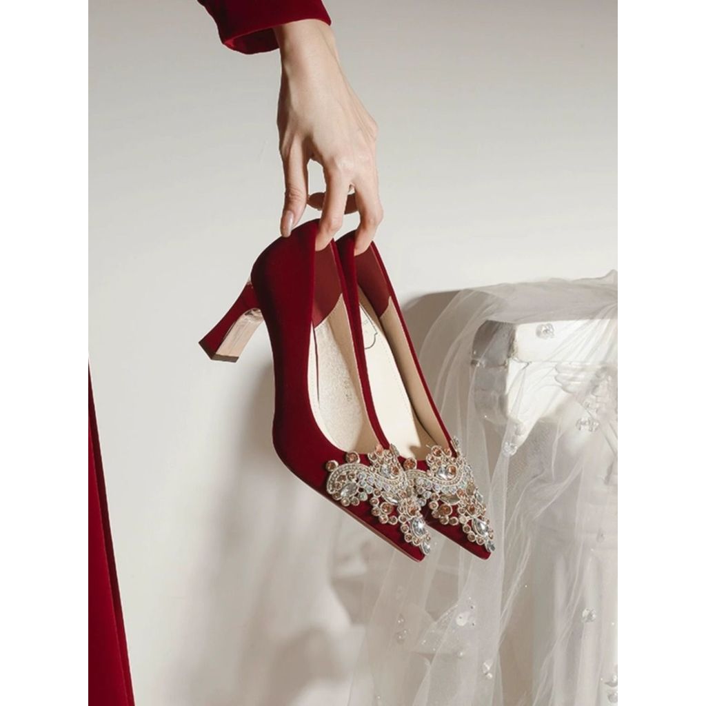 Nhỏ Phong Cách Trung Hoa Xiuhe Cưới Giày Cô Dâu Sang Trọng Dày Gót Chân Béo Giày Cao Gót Tiệc Đầm Phù Dâu Giày Đỏ Kích Thước Lớn