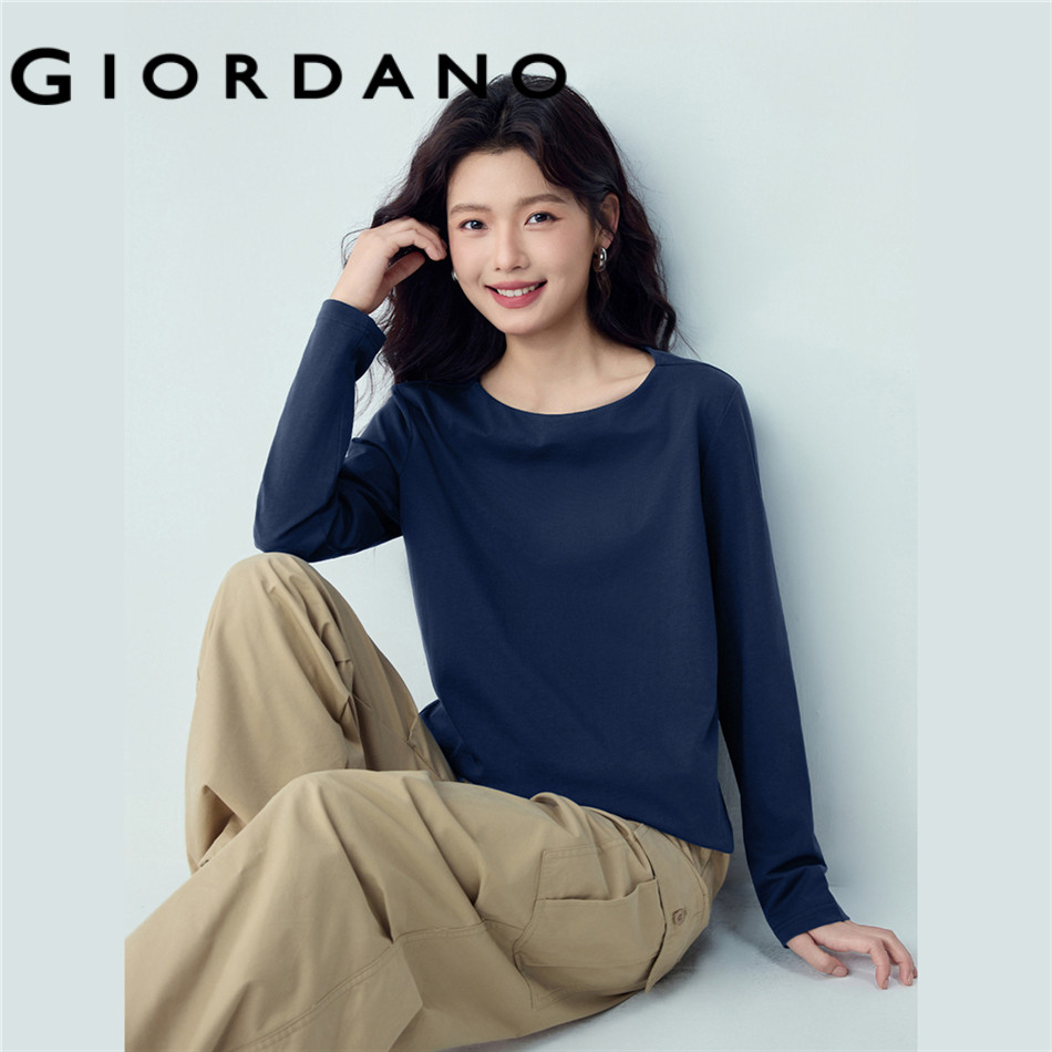 GIORDANO WOMEN 100% Cotton boat neck long sleeve tee 13326204