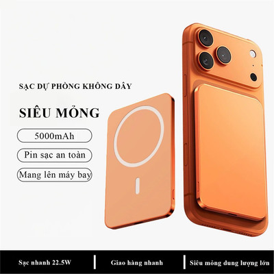 Sạc Dự Phòng Không Dây Từ Tính 5000mAh Sạc Nhanh 15W Type-C PD 22.5W Siêu Mỏng Nhỏ Gọn Tiện Lợi
