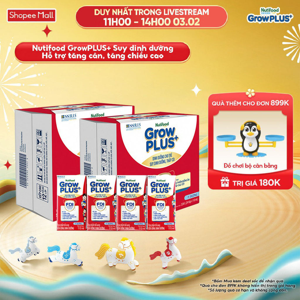 Thùng SBPS Nutifood GrowPLUS+ ít đường Suy Dinh Dưỡng - Tăng Cân, Tăng Chiều Cao (48 Hộp x 110ml) (B