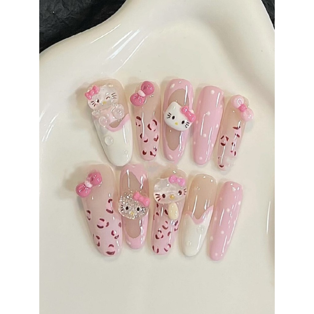 Spot Goods#Semi-Handmade Wearable Nails Autumn Winter New Cartoon Cute Sweet Cool Leopard Print kitt