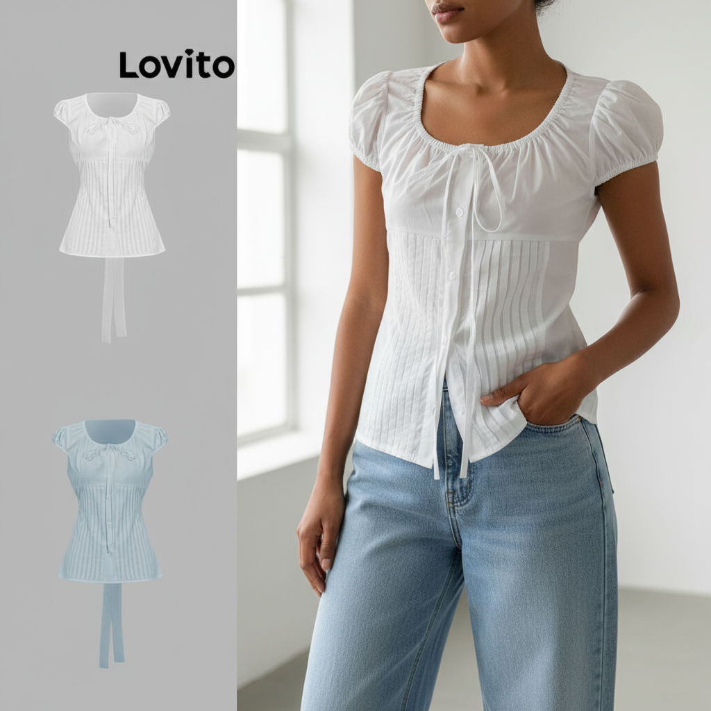 Lovito Áo sơ mi nữ phối ren trơn phong cách casual L85AD028 (Nhiều màu)