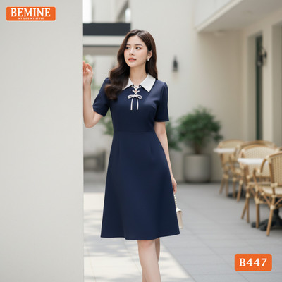Đầm thiết kế BEMINE cổ đức xỏ dây dáng chữ A phù hợp đi làm-B447