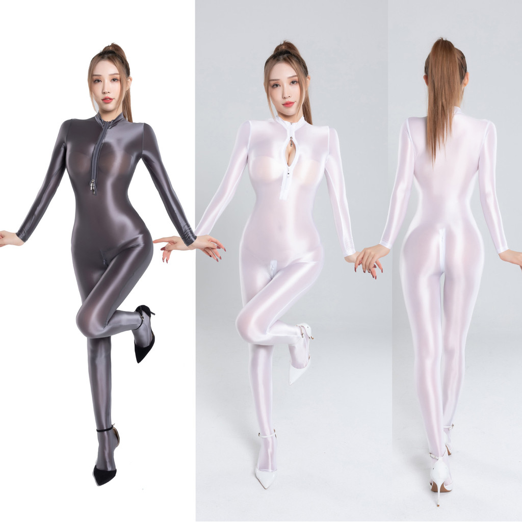 Shiny Silky Smooth Double Zipper Full Body Body Body Có Nắp Chân Dài Tay Một Mảnh Áo liền quần