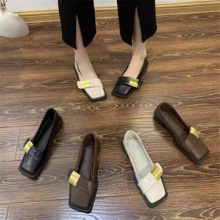 Mùa Xuân Thu 2024 Phong Cách Mới Khóa Kim Loại Ngón Chân Vuông Thấp Gót Thời Trang Chunky Gót Đế Mềm Miệng Nông Giày Da Nhỏ Cho Nữybl3.13