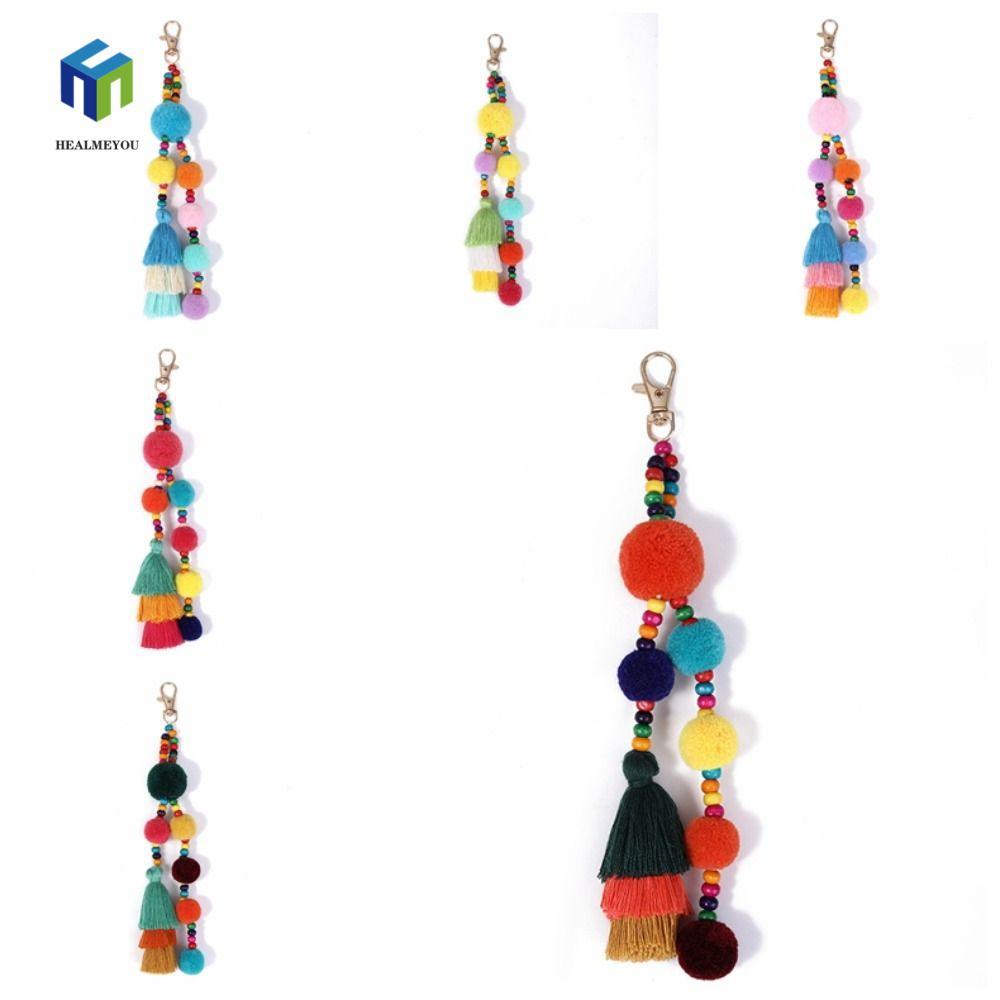 HEALMEYOU Boho Style Hair Ball Tua Rua Móc khóa, Tua Rua Pom Pom Boho Style Móc khóa, Móc chìa khóa 