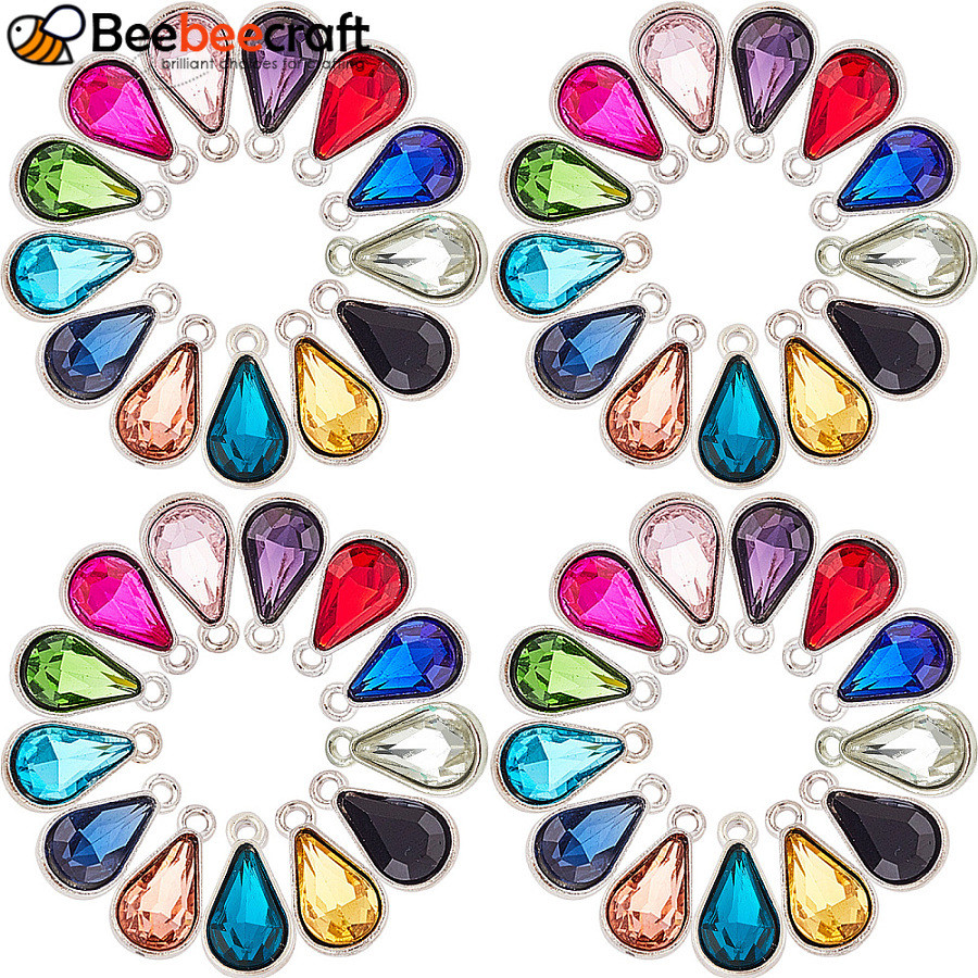 1 hộp Mặt dây chuyền thủy tinh hợp kim Mặt giọt nước Màu hỗn hợp 18x10x5-5.5mm Lỗ: 1.8-2mm 13 màu 4 