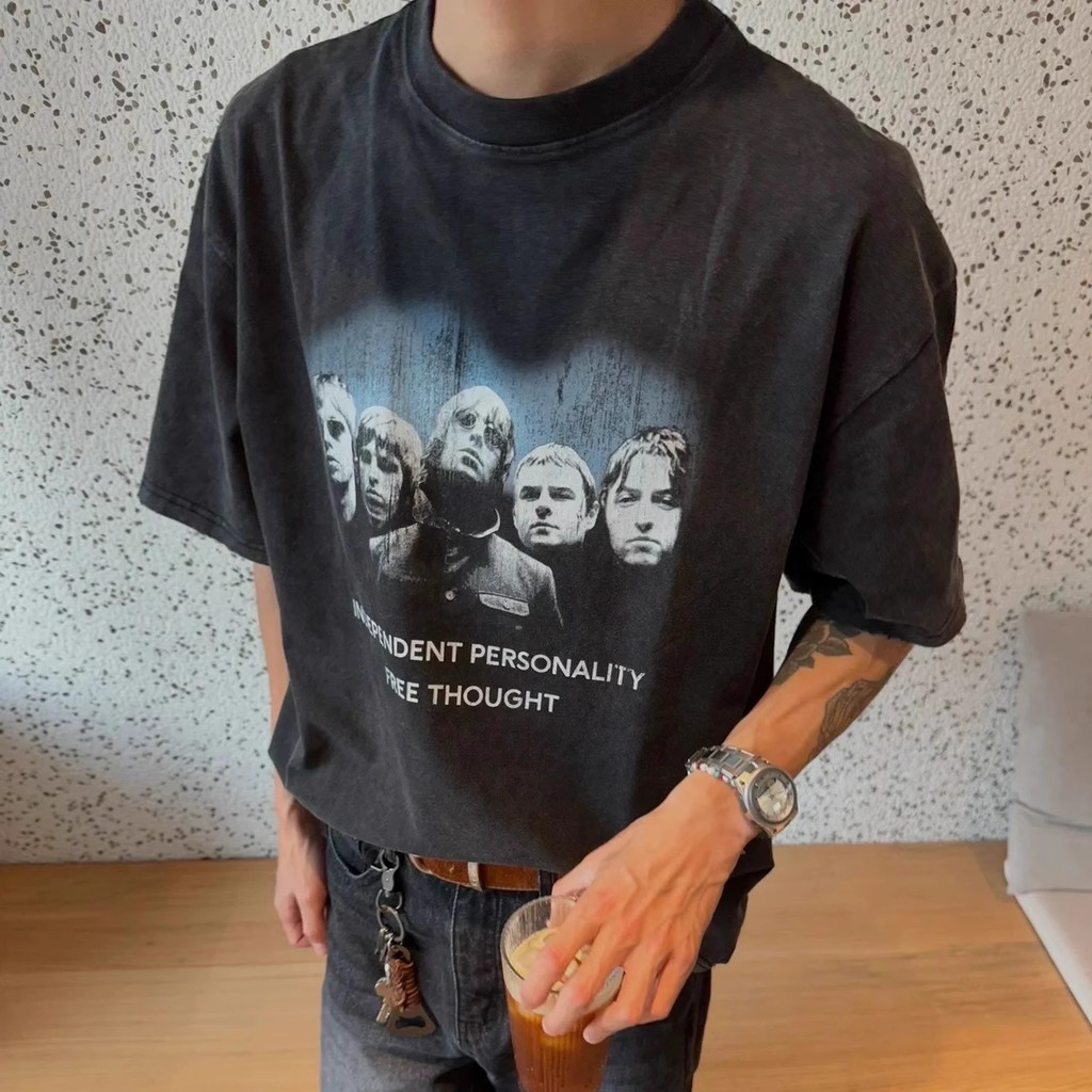 X3RE Vintage Washed-out vintage band men's clothing cleanfit Short Sleeve Oasis Oasis Relaxation T S