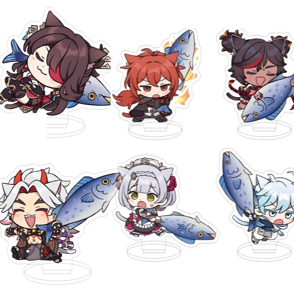 Standee Genshin Impact Mô Hình Mica Anime Chibi Ôm Cá Diluc Noelle Itto Beidou Trang Trí Bàn Học Quà