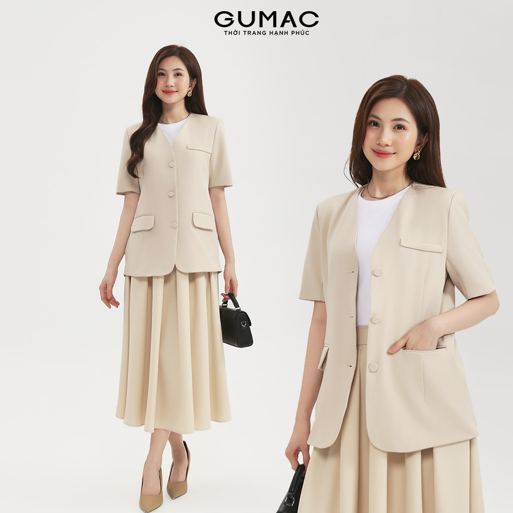 Áo khoác blazer nữ dáng suông GUMAC tay ngắn có đệm vai mỏng may hai lớp LOWG0104