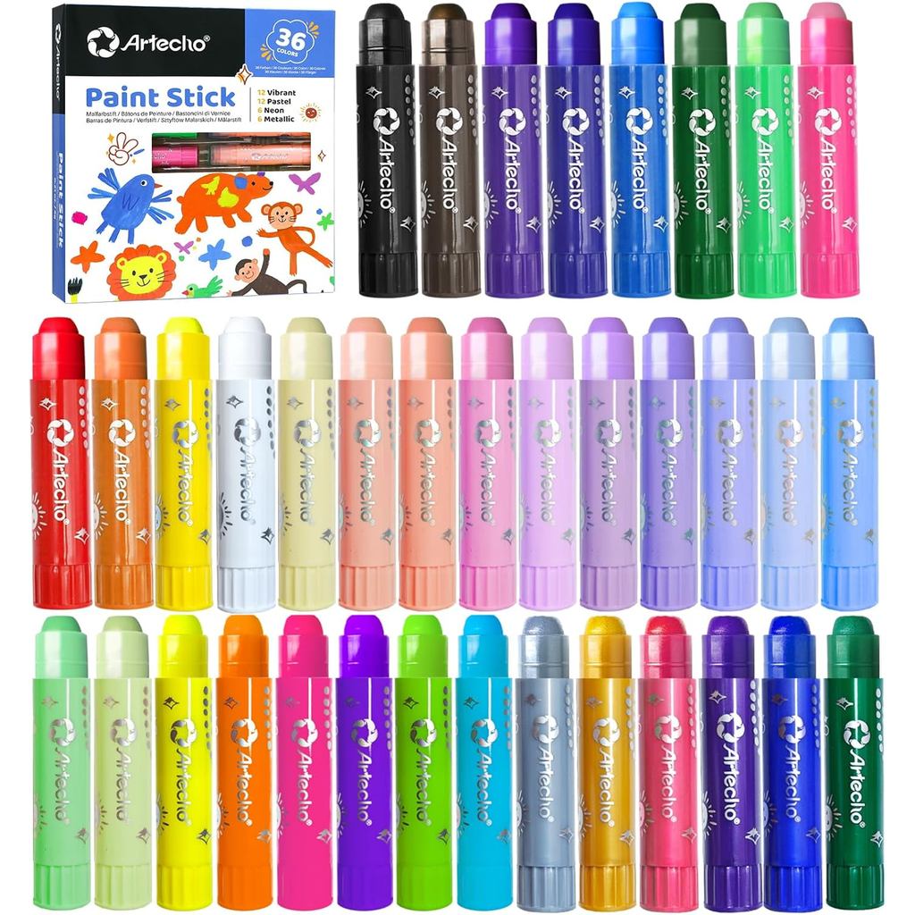 Gậy sơn Artecho Tempera, Gậy sơn 36 màu có thể giặt được bao gồm 12 màu sắc sống động, 12 màu Pastel