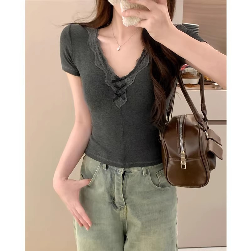 Áo thun nữ ren ren nơ ngắn Slim-fit phong cách Hàn Quốc hàng đầu | BigBuy360 - bigbuy360.vn