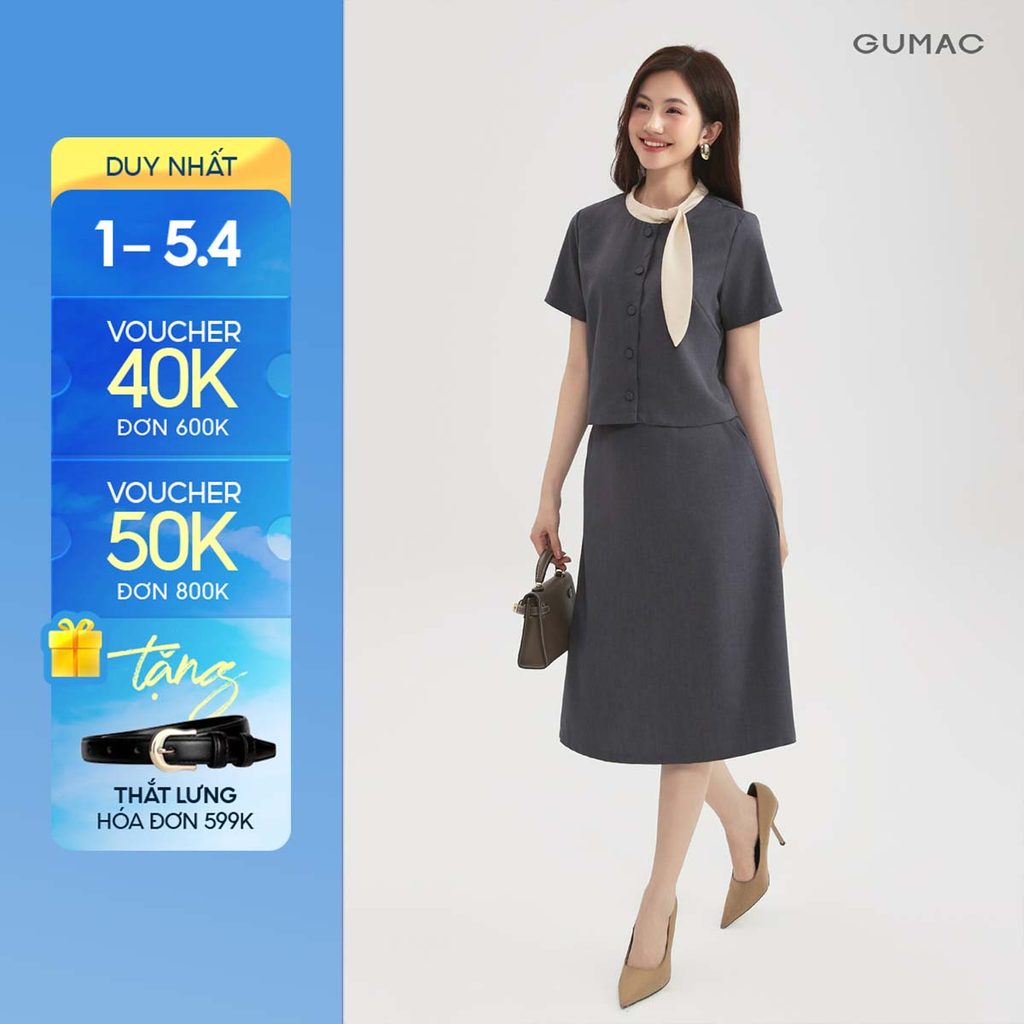 Set lẻ Áo kiểu thêu cổ dáng lửng thêu trang trí LAF0913 - Chân váy nữ A midi thời trang GUMAC LVF091