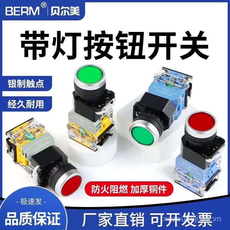 Công tắc nút nhấn đầu phẳng tự khóa Belmei Power có đèn LA38-11DS Đỏ Xanh Vàng 220V 24VBEM-11D APMJ