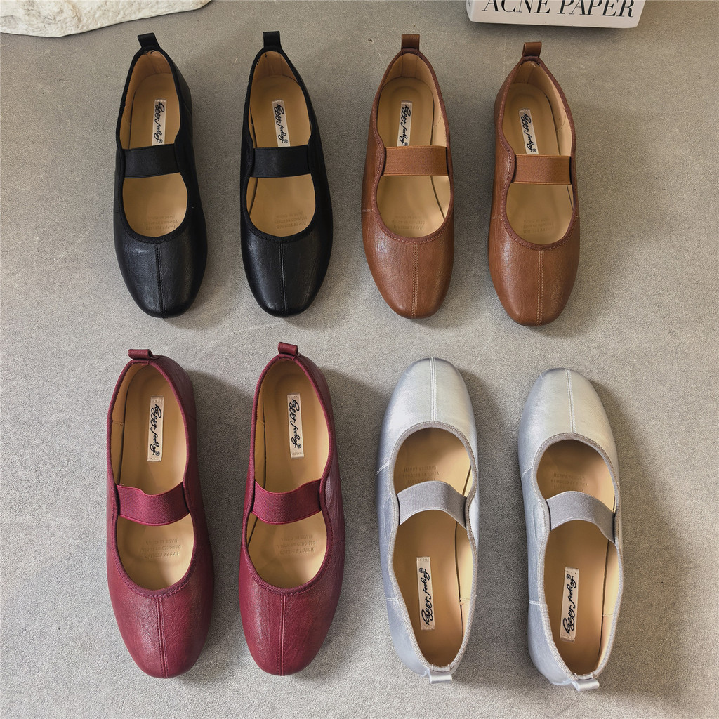 【Lamode】Thời Trang Nữ Giày Ba Lê Đế Bằng Nữ Da Mềm Đế Mềm Bạc Đậu Hà Giày Không Mệt Mỏi Dây Co Giãn 