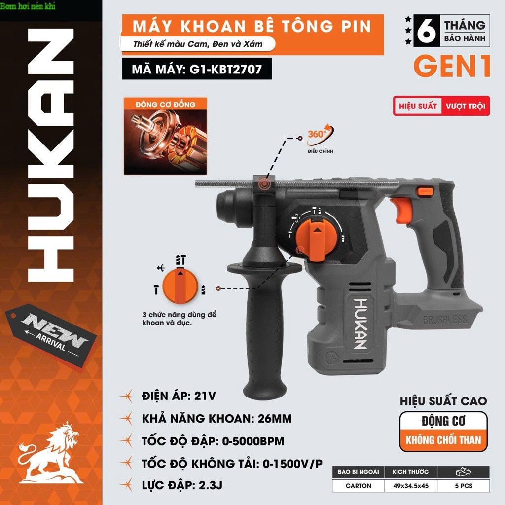 Máy khoan bê tông pin Hukan 2707 Động cơ Brushles Nén Khí HUKAN