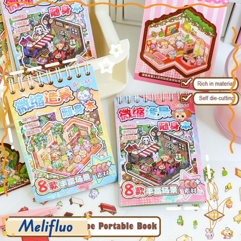 Sách dán phong cảnh Mini MELIFLUO, Nhà thu nhỏ DIY Cabin Scene Pocket Sticker, Nhãn dán hoạt hình PE