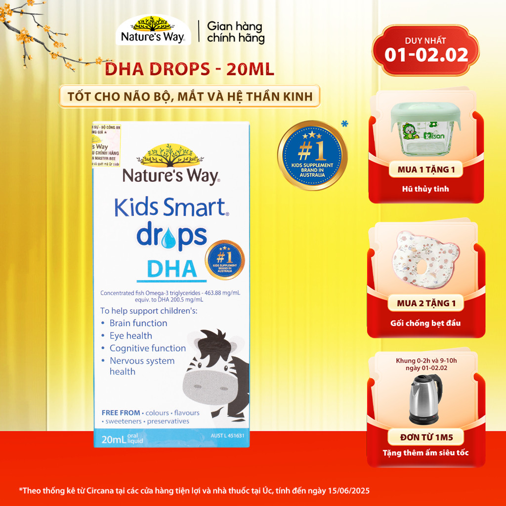 DHA Drops Nature's Way Kids Smart Bổ Sung Omega 3, DHA, EPA Hỗ Trợ Tốt Cho Não Bộ Và Mắt Cho Bé 20ml
